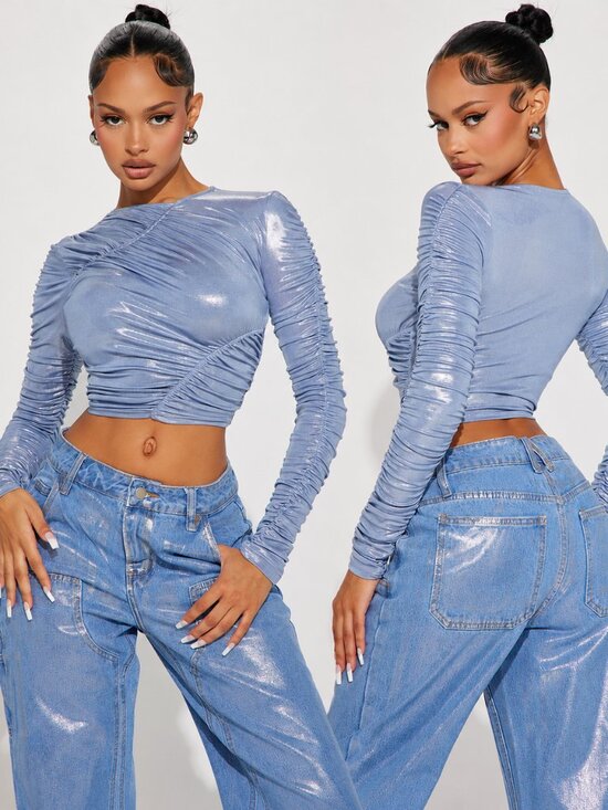 Fashion Nova Tops - Ruched Iridescent Crop Top with Sleeves Fashion Nova Size Large